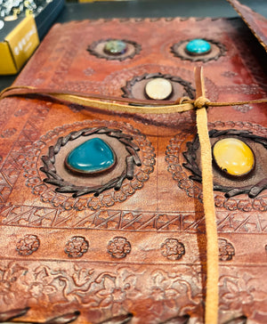 Large Leather with Stones Bound Art Notebook Pages Flap w String Closure