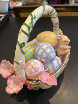 VTG AVON Easter Ceramic Basket with 3D Flowers and Bunny with 6 hand painted Egg Ornaments