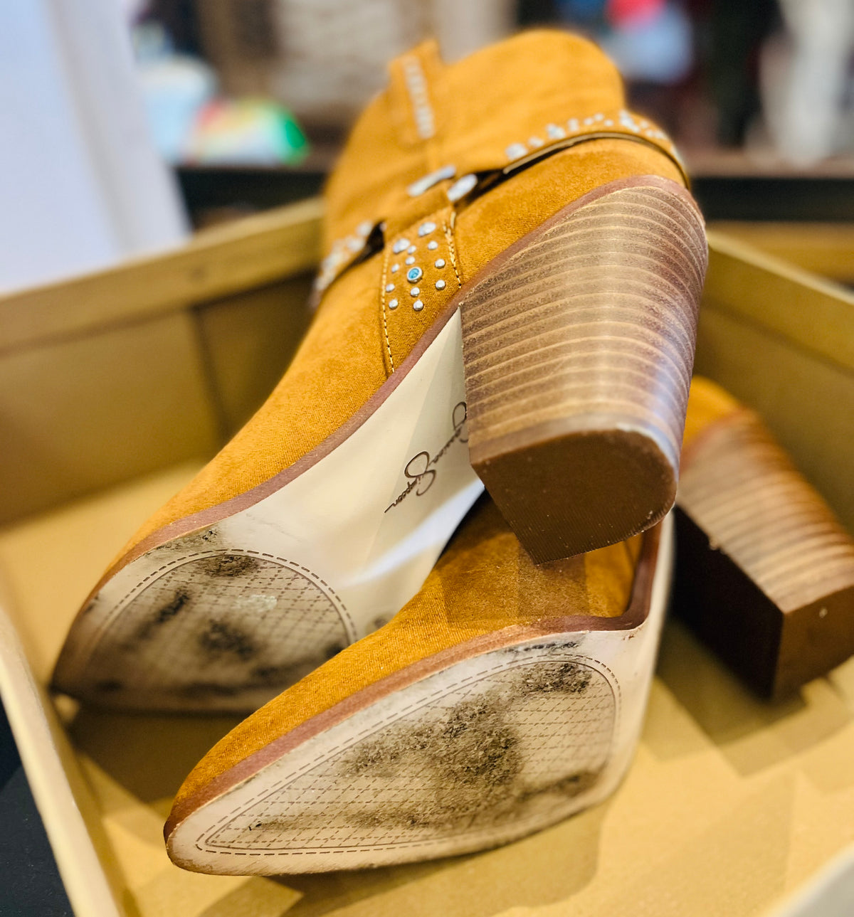 Jessica Simpson Koxia 2 Turquoise Stud Tan Western Pointed Toe Block Heel Boots sz 8M w Original Box