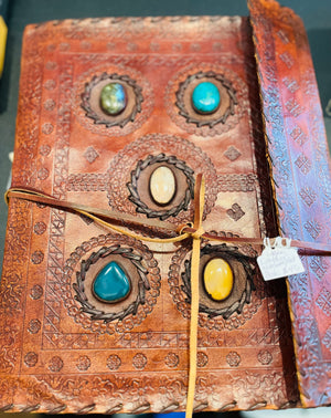 Large Leather with Stones Bound Art Notebook Pages Flap w String Closure