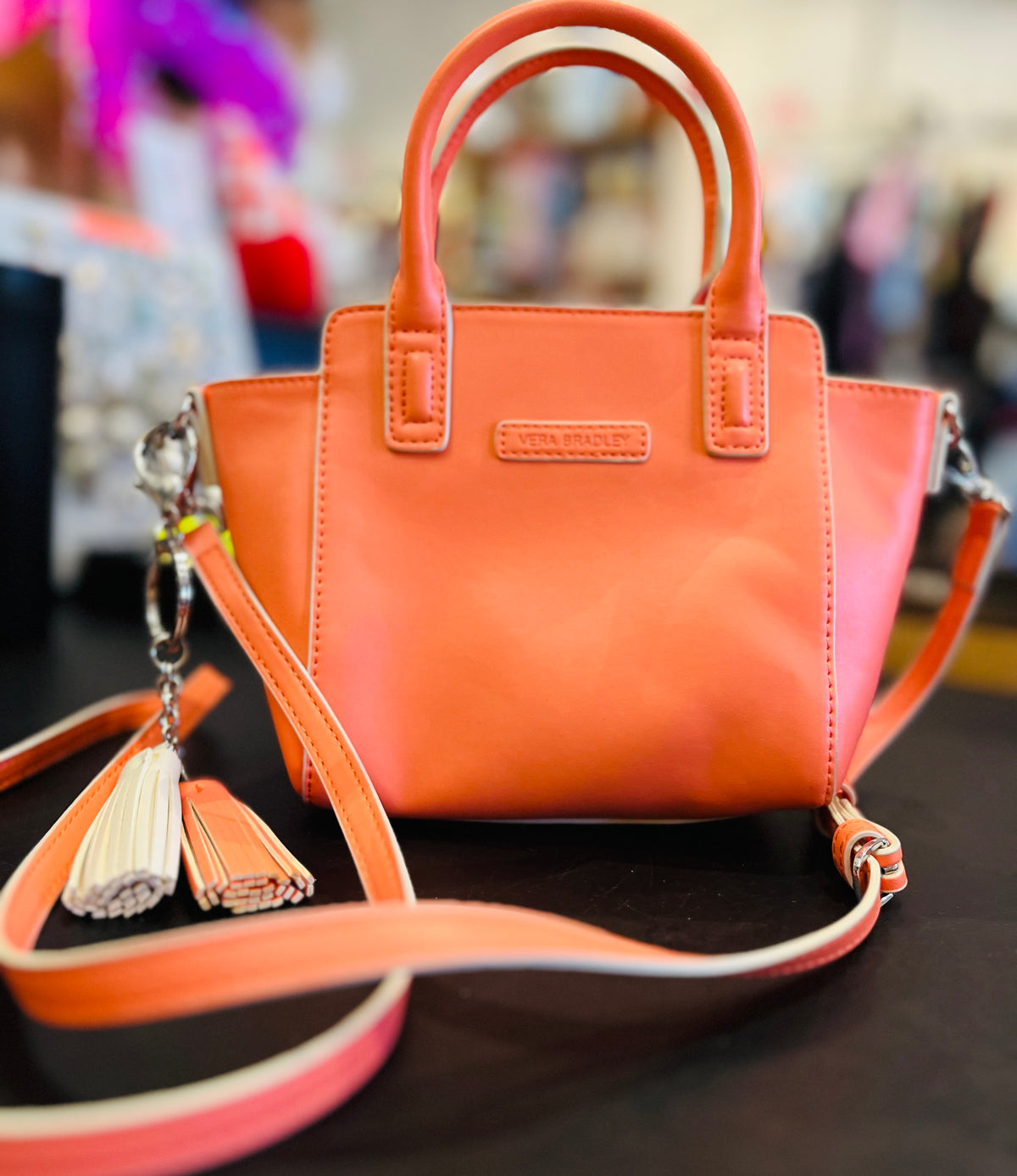 Vera Bradley Faux Leather Mini Peach Crossbody Top Zip Tassel Keyring Gently Used