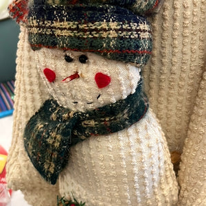 Antique Stuffed Decorative Snowman and Baby w Bell USED