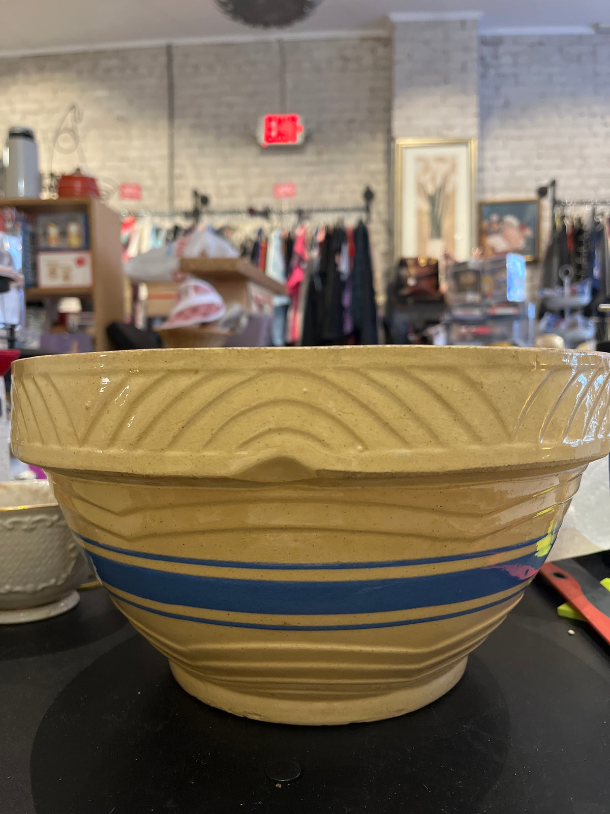 VTG Yellow Ware 12” Blue Stripe Mixing Bowl