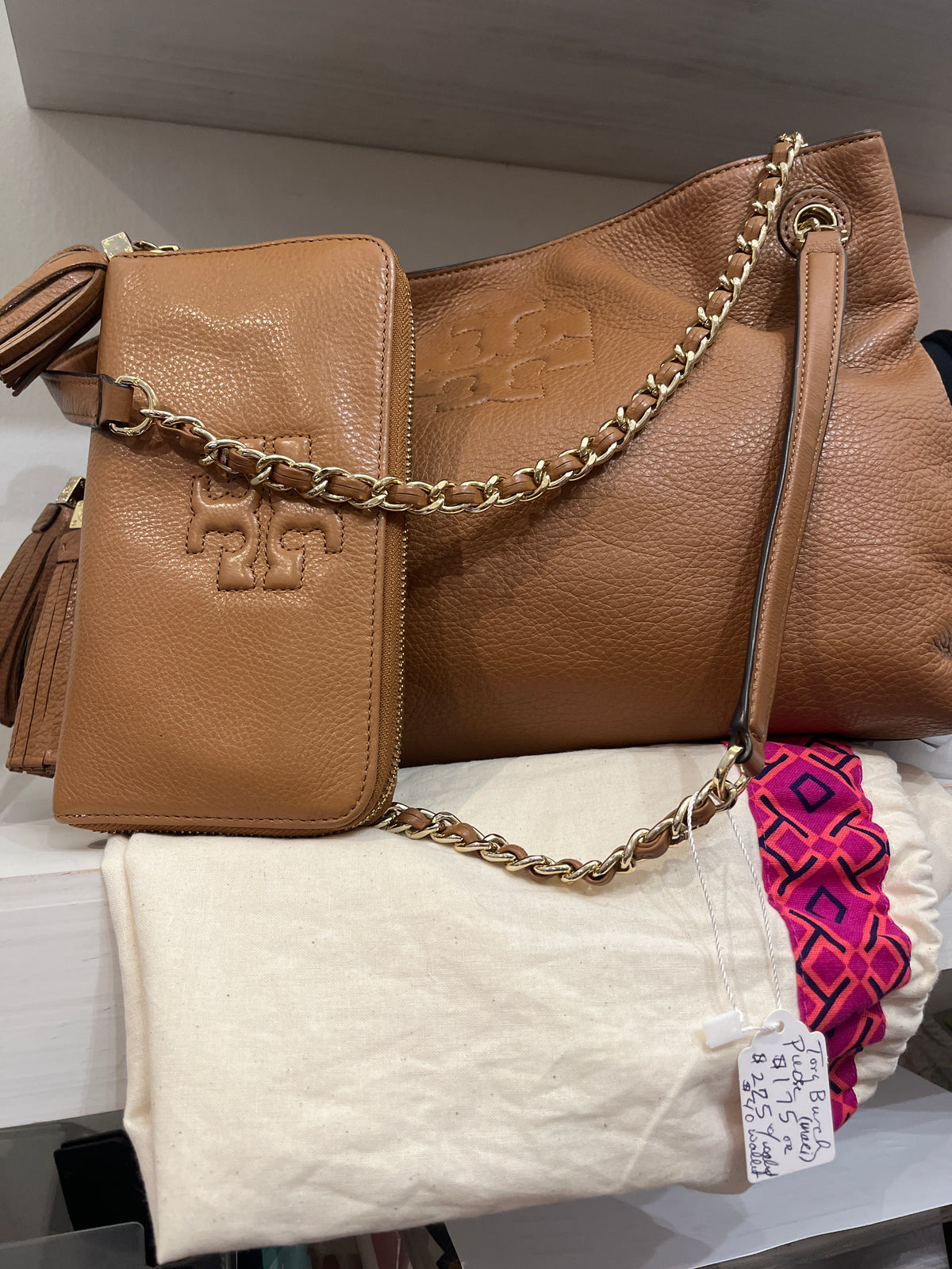 T Brch Brown leather gold chain bag