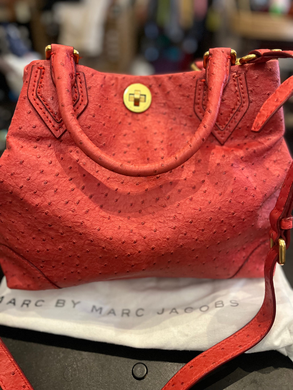 Marc Jacobs Red Strawberry Ostrich Medium Top Handle Crossbody Bag w Dust Bag!