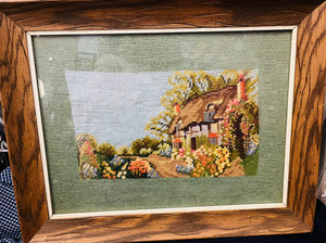 Needlepoint Cottage House in Wood Frame 15”x19”