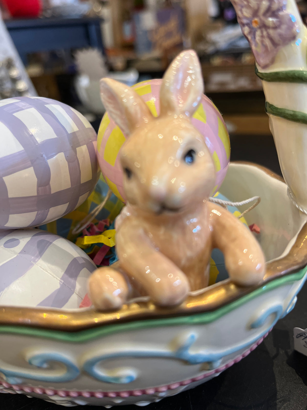 VTG AVON Easter Ceramic Basket with 3D Flowers and Bunny with 6 hand painted Egg Ornaments