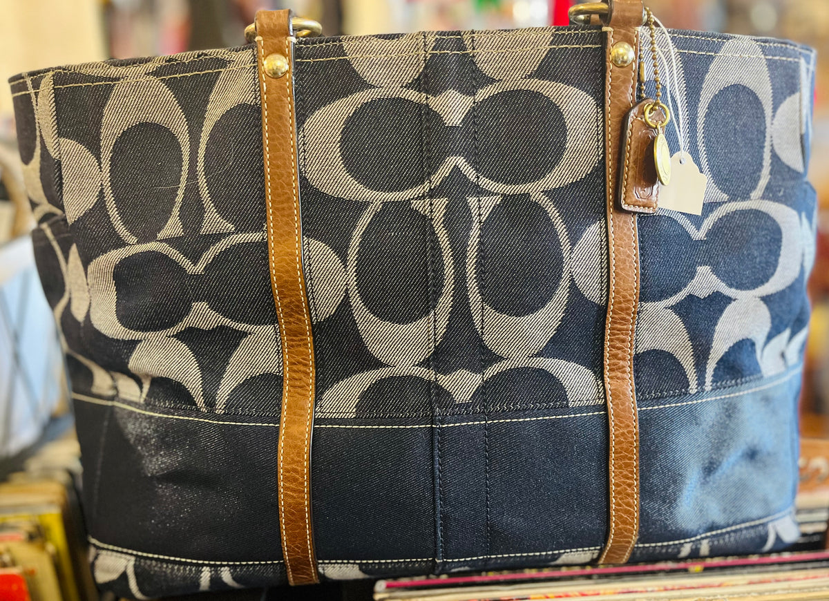 Authentic COACH Denim Striped Large Blue Excellent Used Condition!