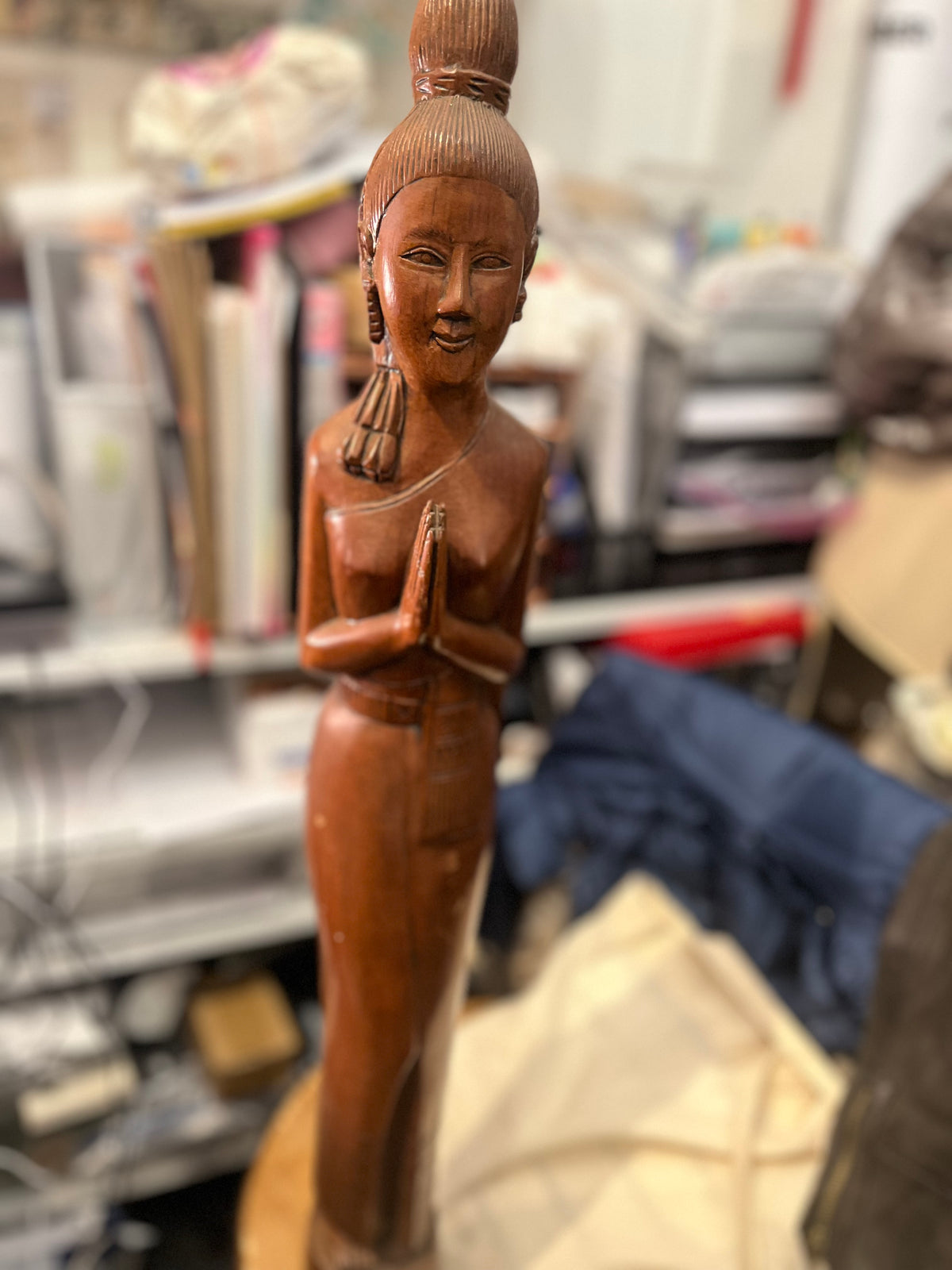 Asian Teak Wood Hand Carved Zen Statue