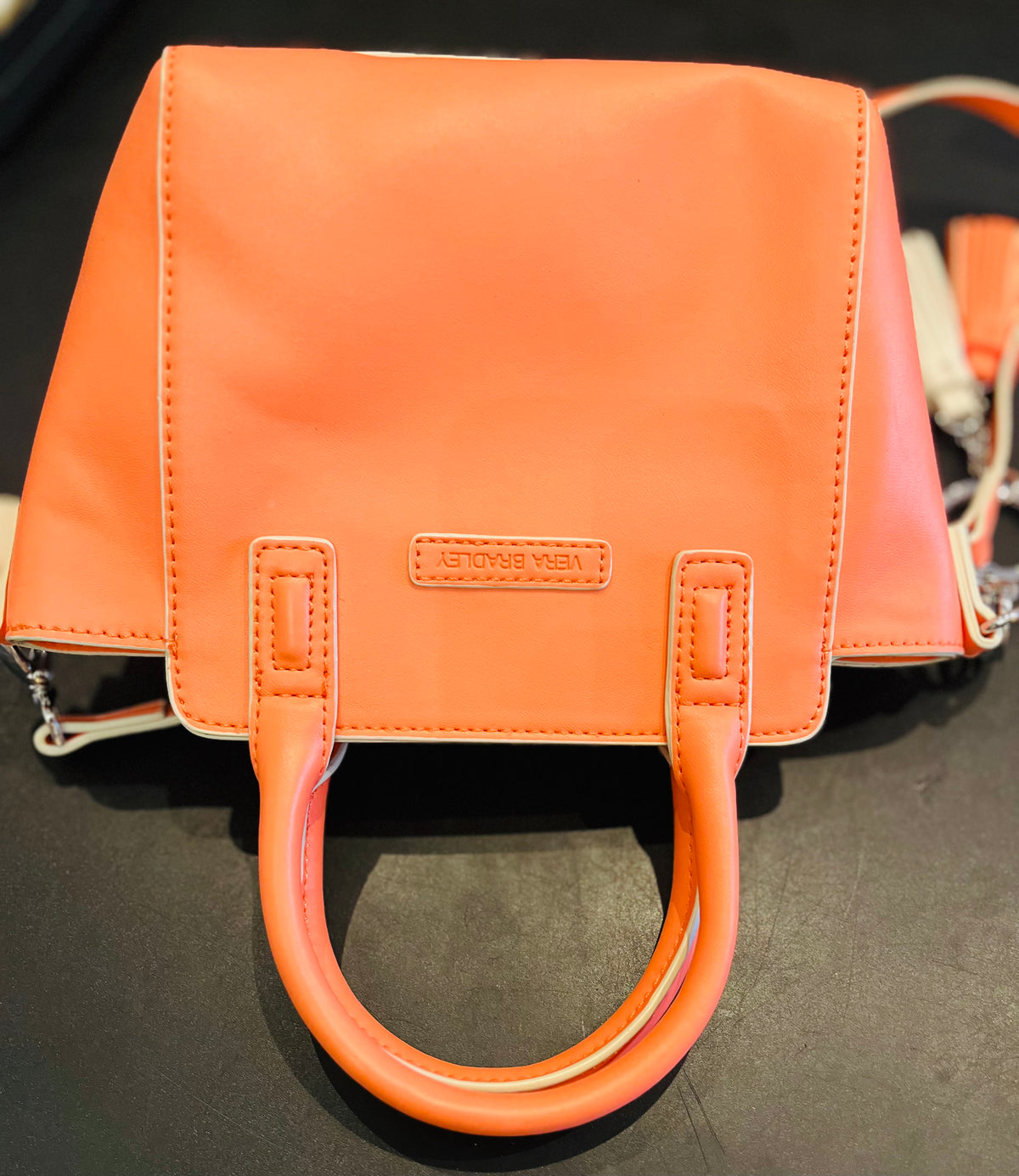 Vera Bradley Faux Leather Mini Peach Crossbody Top Zip Tassel Keyring Gently Used