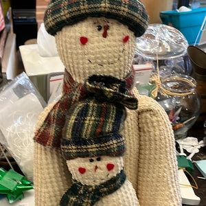 Antique Stuffed Decorative Snowman and Baby w Bell USED