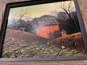 Barn in Autumn time Thomas Kerry Artist Oil Painting in Textured Wood w Inlay 14”x15”