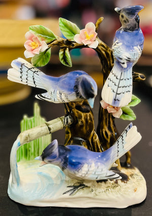 Japanese Blue Jays on Branches w Flowers 6.5”Hx5”W No Damage