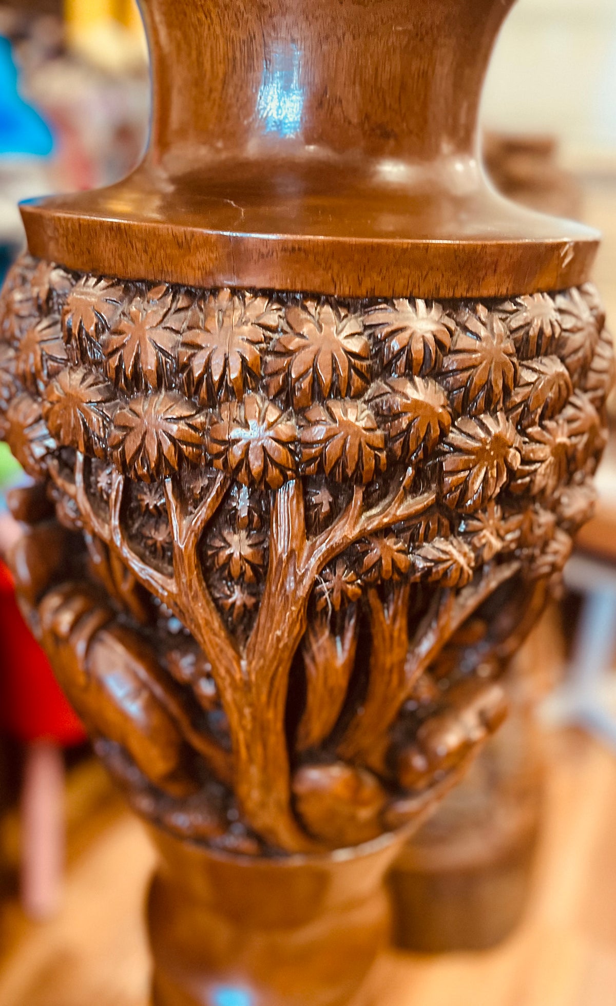 Teak Wood Carved 40”H x 12”w Vase Decorative Piece