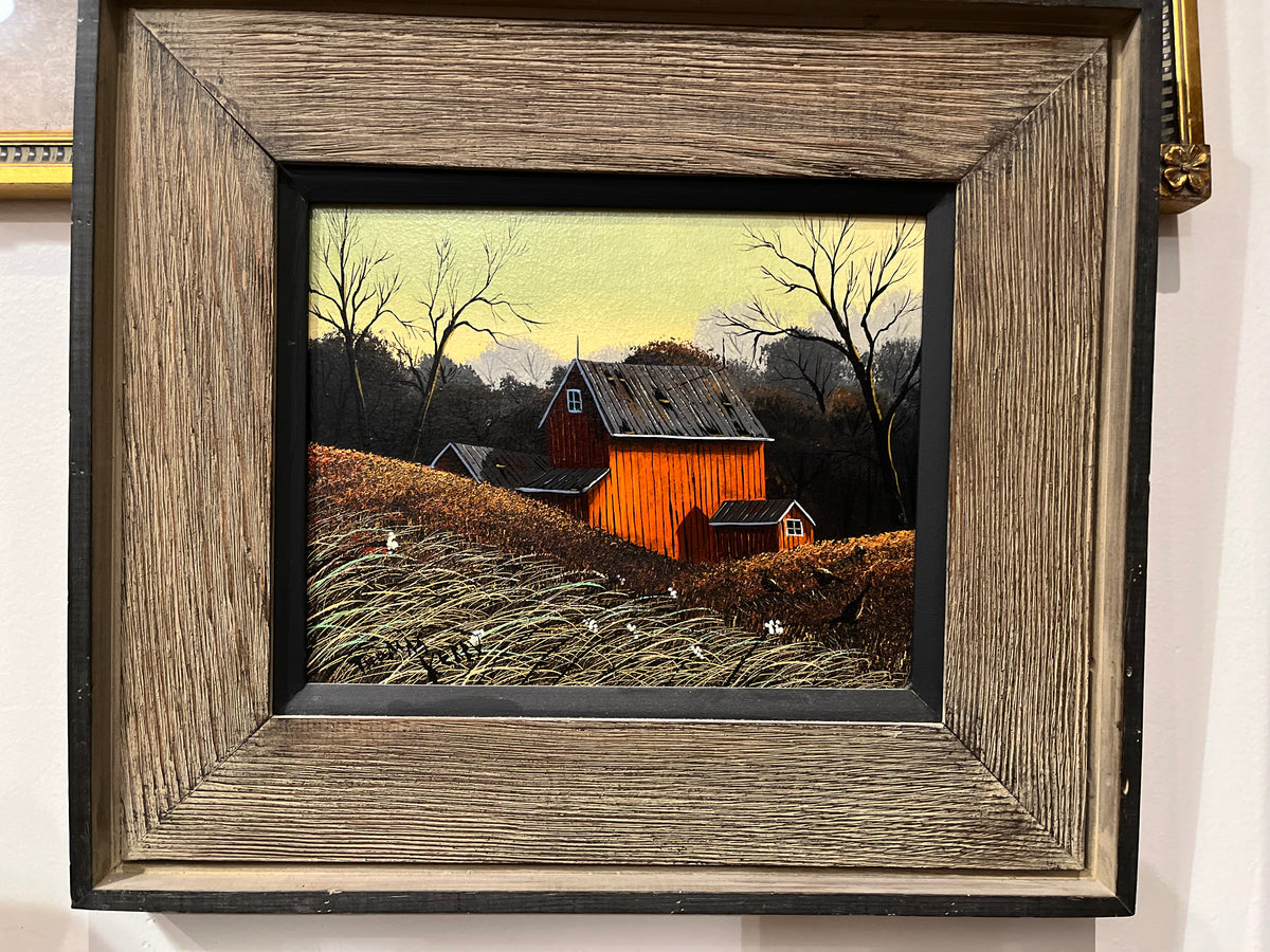 Barn in Autumn time Thomas Kerry Artist Oil Painting in Textured Wood w Inlay 14”x15”