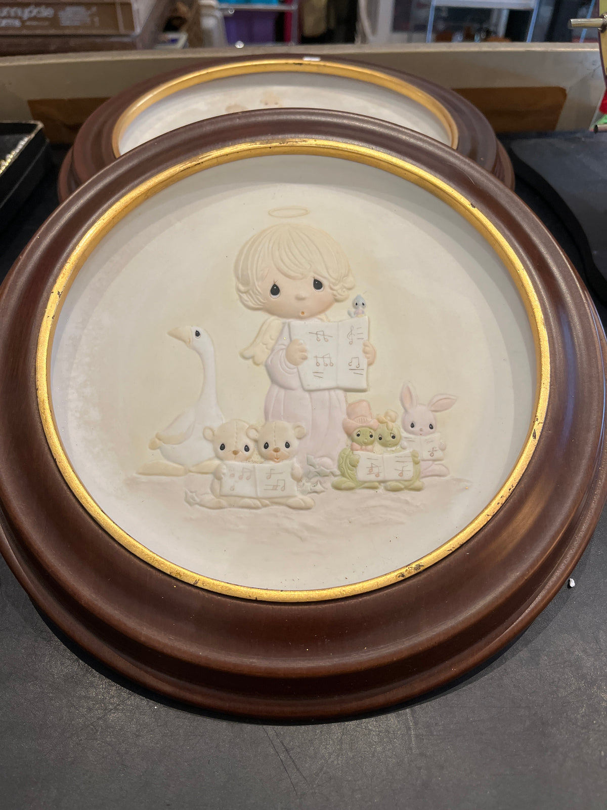Vtg Precious Moments Let Heaven and Nature Sing Plate on Circular Wood 11” Hanging Frame Gold Edge (8” opening)