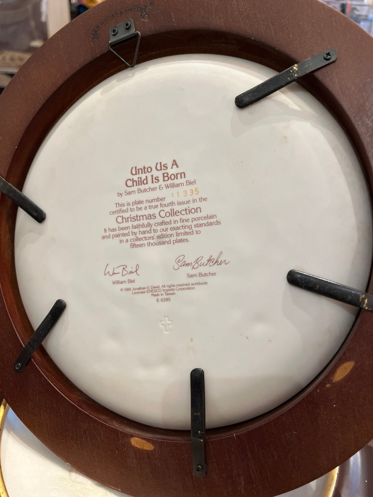 Precious Moments Unto Us a Child Is Born Christmas Collection 10” Plate in Wooden Frame Gold Rim (8” opening)