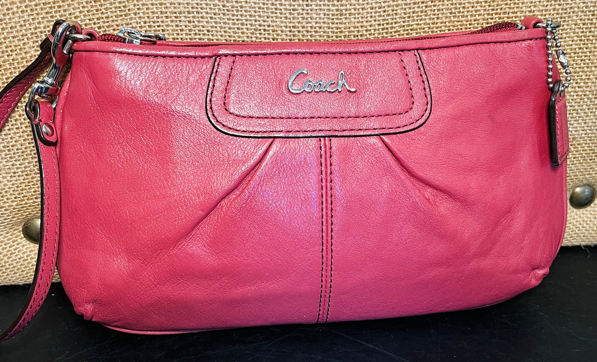 COACH Ashley 9” Leather Zipper Credit Card Wristlet Rose Pink GUC!