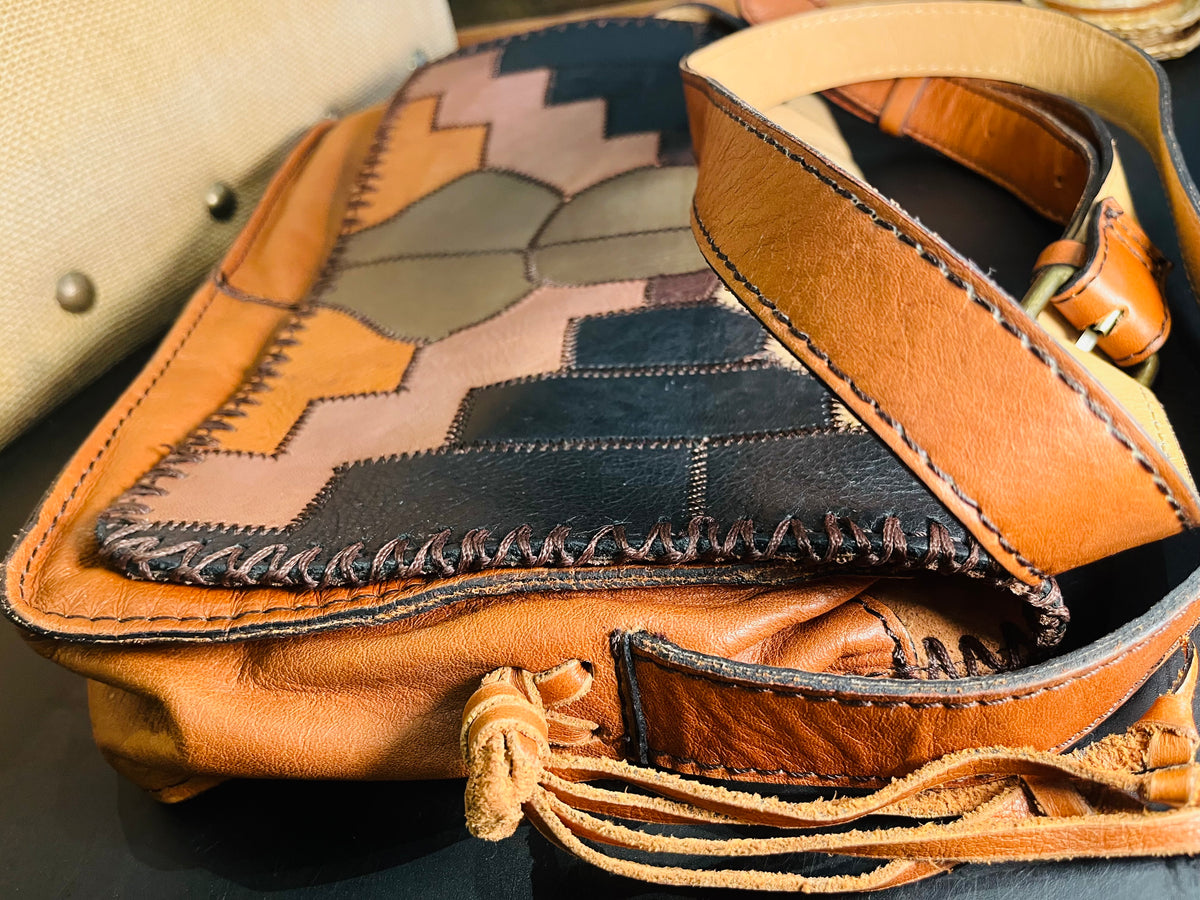 Patricia Nash Zig Zag Patchwork Brown Hobo Crossbody Leather Bag