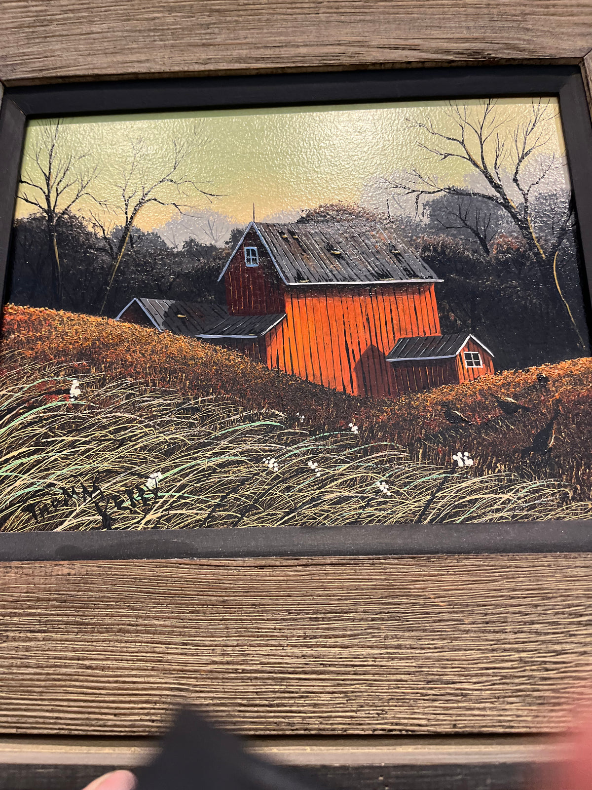 Barn in Autumn time Thomas Kerry Artist Oil Painting in Textured Wood w Inlay 14”x15”