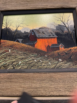 Barn in Autumn time Thomas Kerry Artist Oil Painting in Textured Wood w Inlay 14”x15”