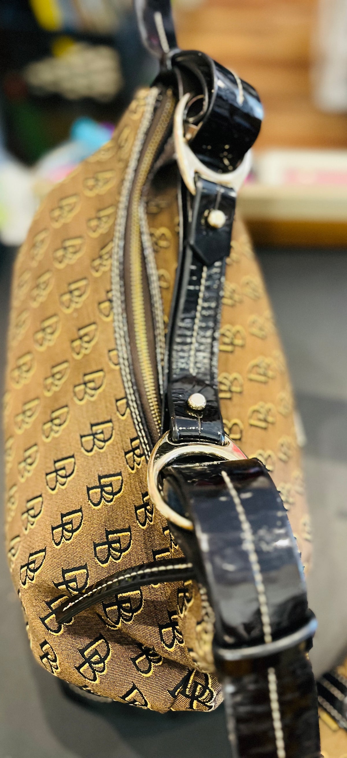 Authentic Dooney & Bourke Signature w Patent Detail Hobo Shoulder Bag - Brown