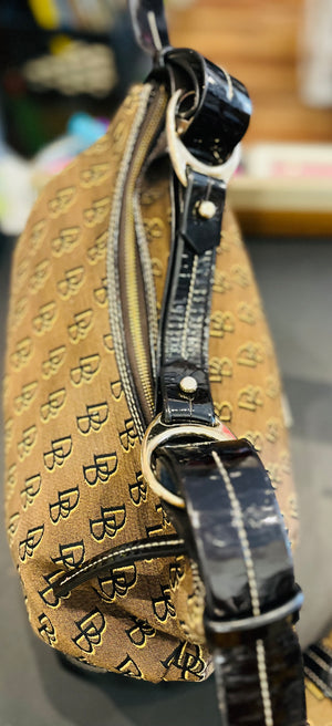 Authentic Dooney & Bourke Signature w Patent Detail Hobo Shoulder Bag - Brown