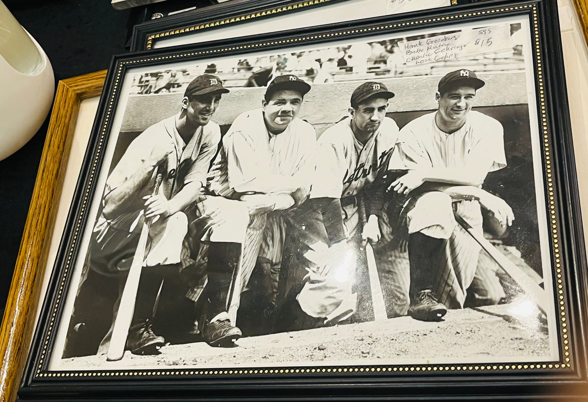 Hank Greenberg, Babe Ruthe, Charlie Gehringer &amp; Lou Gehrig NY Yankees and Boston Red Sox B&amp;W Photo on Black Plastic Frame