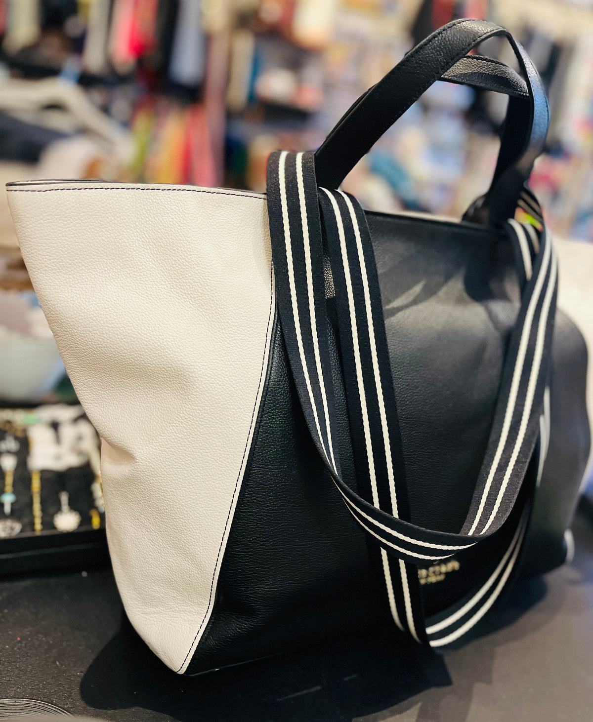 Kate Spade Rosie Color Block (B/W) Pebbled Leather Large 12”x20” Tote Satchel