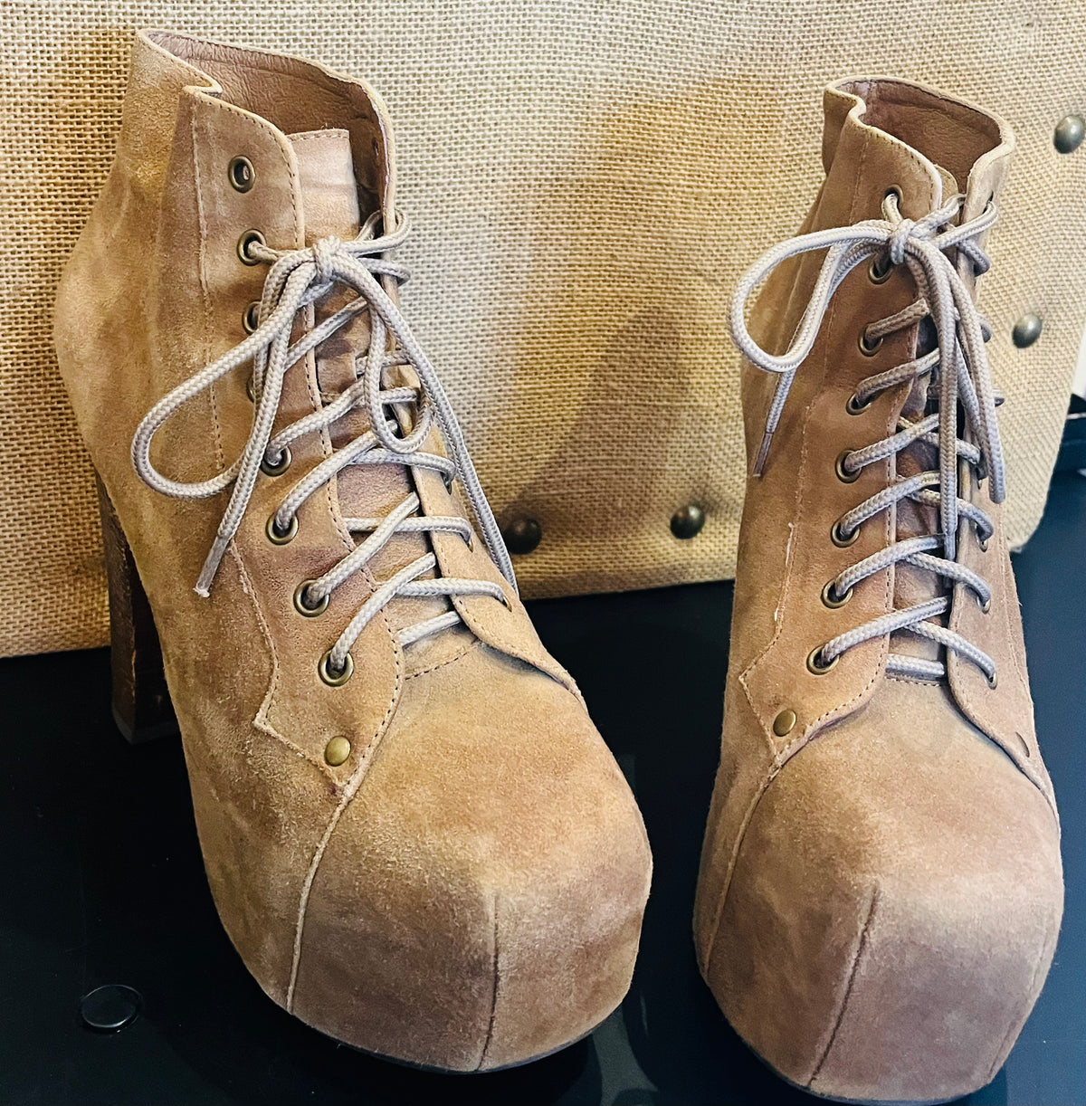 Jeffrey Campbell Lita Platform Tan Suede Upper 5” Heel Ankle Boots Size 9