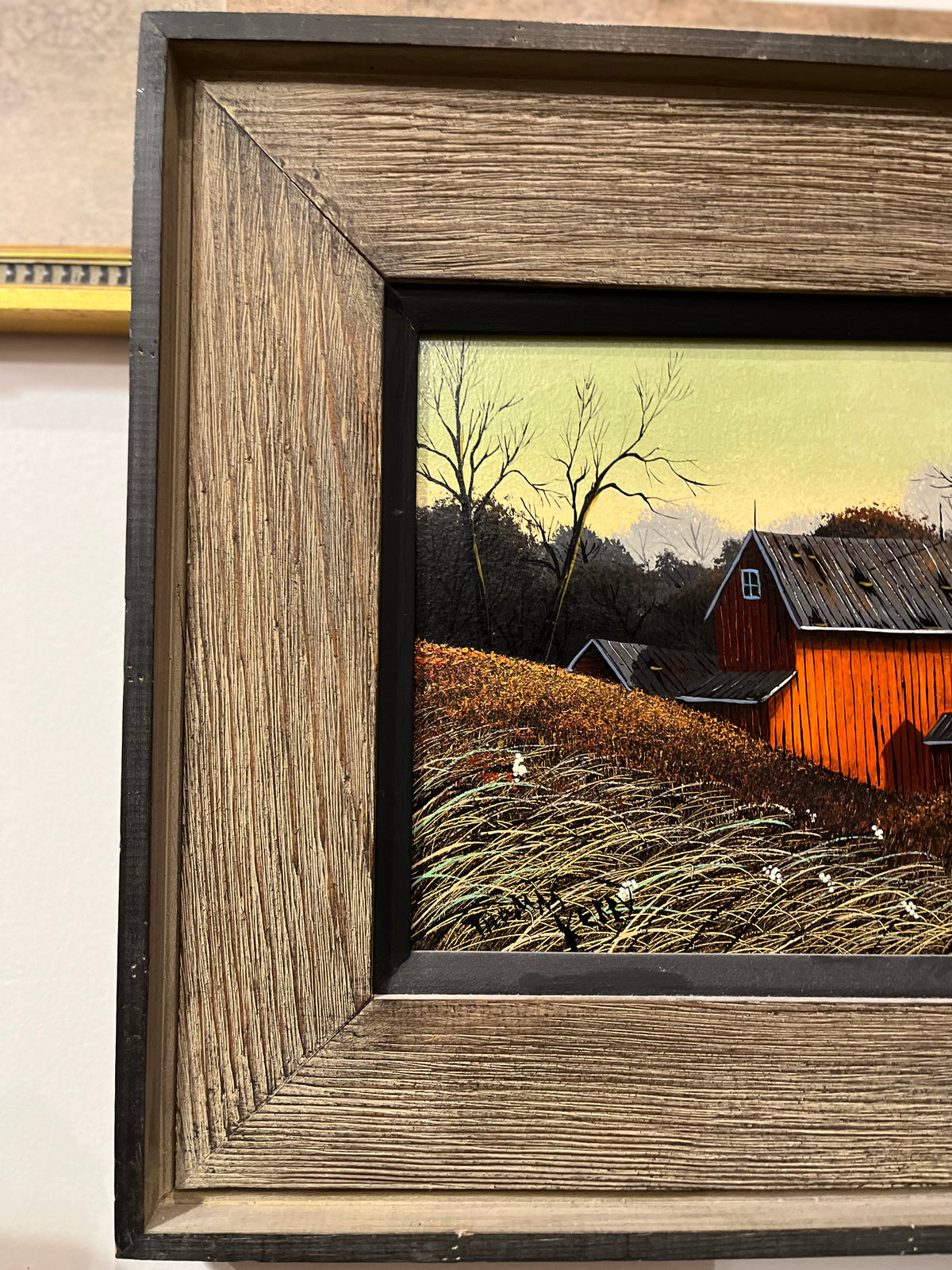 Barn in Autumn time Thomas Kerry Artist Oil Painting in Textured Wood w Inlay 14”x15”