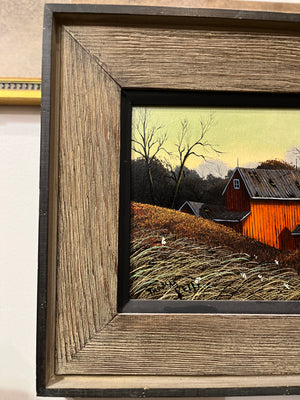 Barn in Autumn time Thomas Kerry Artist Oil Painting in Textured Wood w Inlay 14”x15”