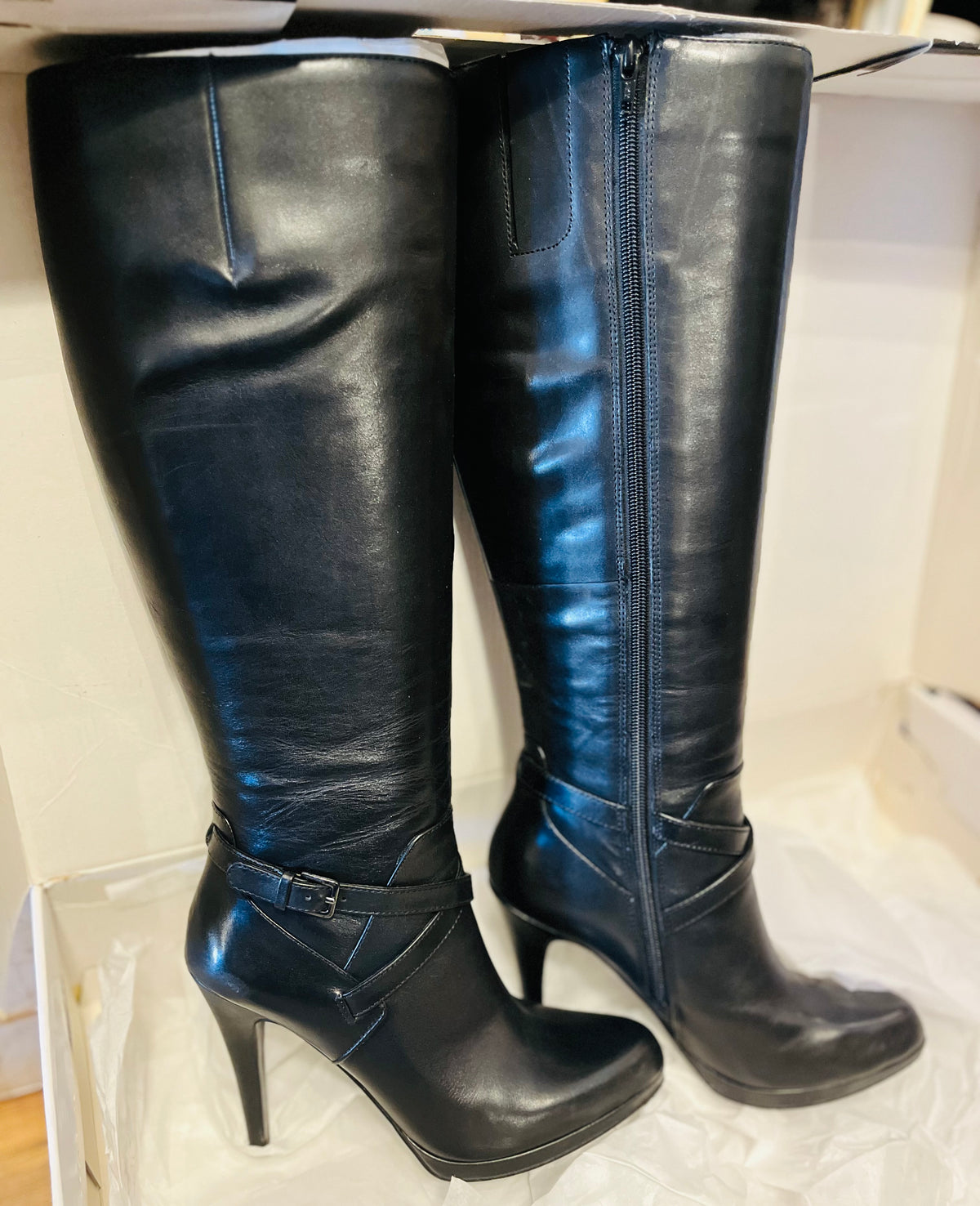 Nine West ROMYO Black Tall Heeled Leather Boots EUC!!