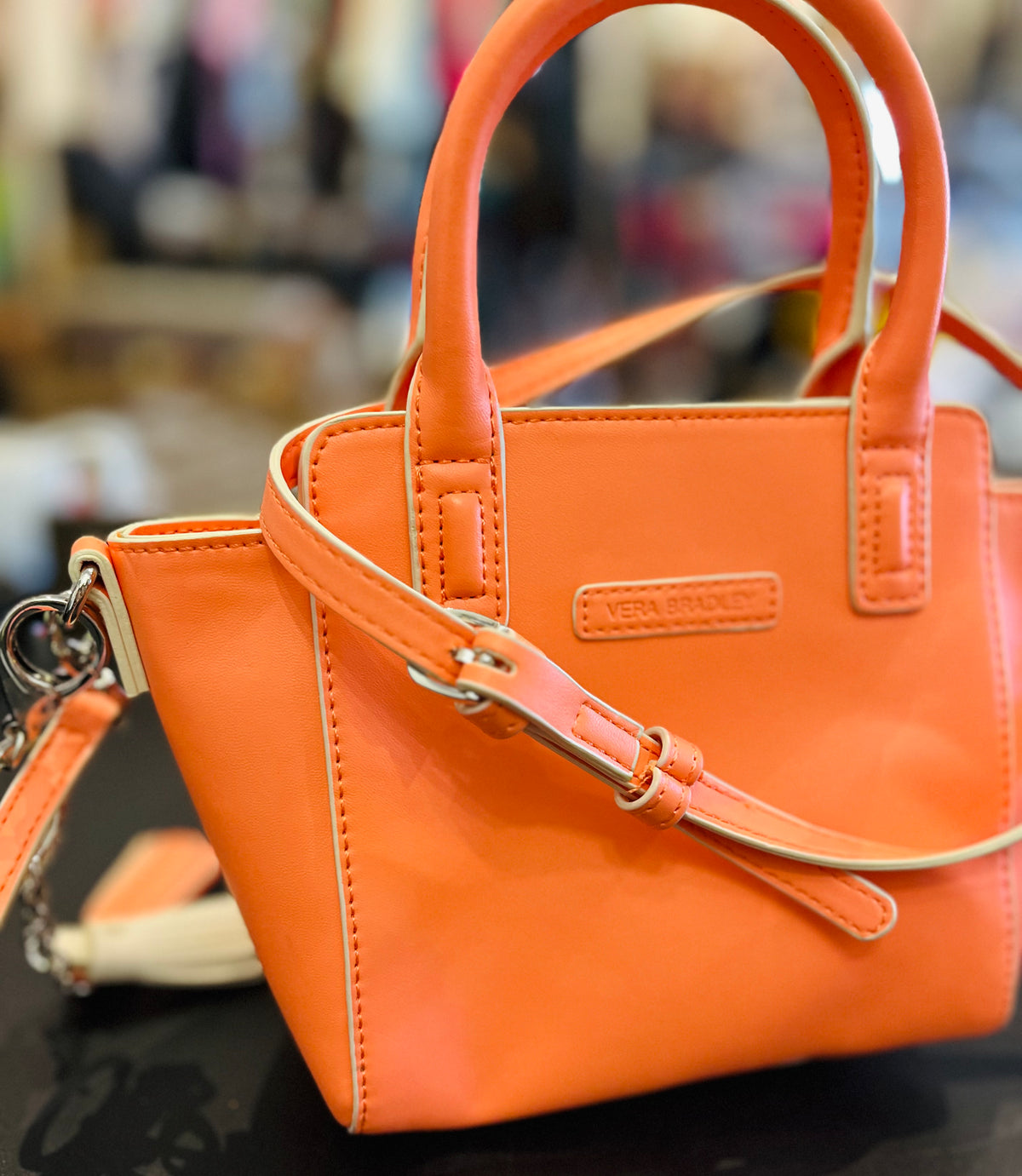 Vera Bradley Faux Leather Mini Peach Crossbody Top Zip Tassel Keyring Gently Used