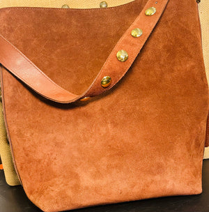 Madewell Suede Brown Bucket Bag Gold Grommets Large w Adjustable Strap