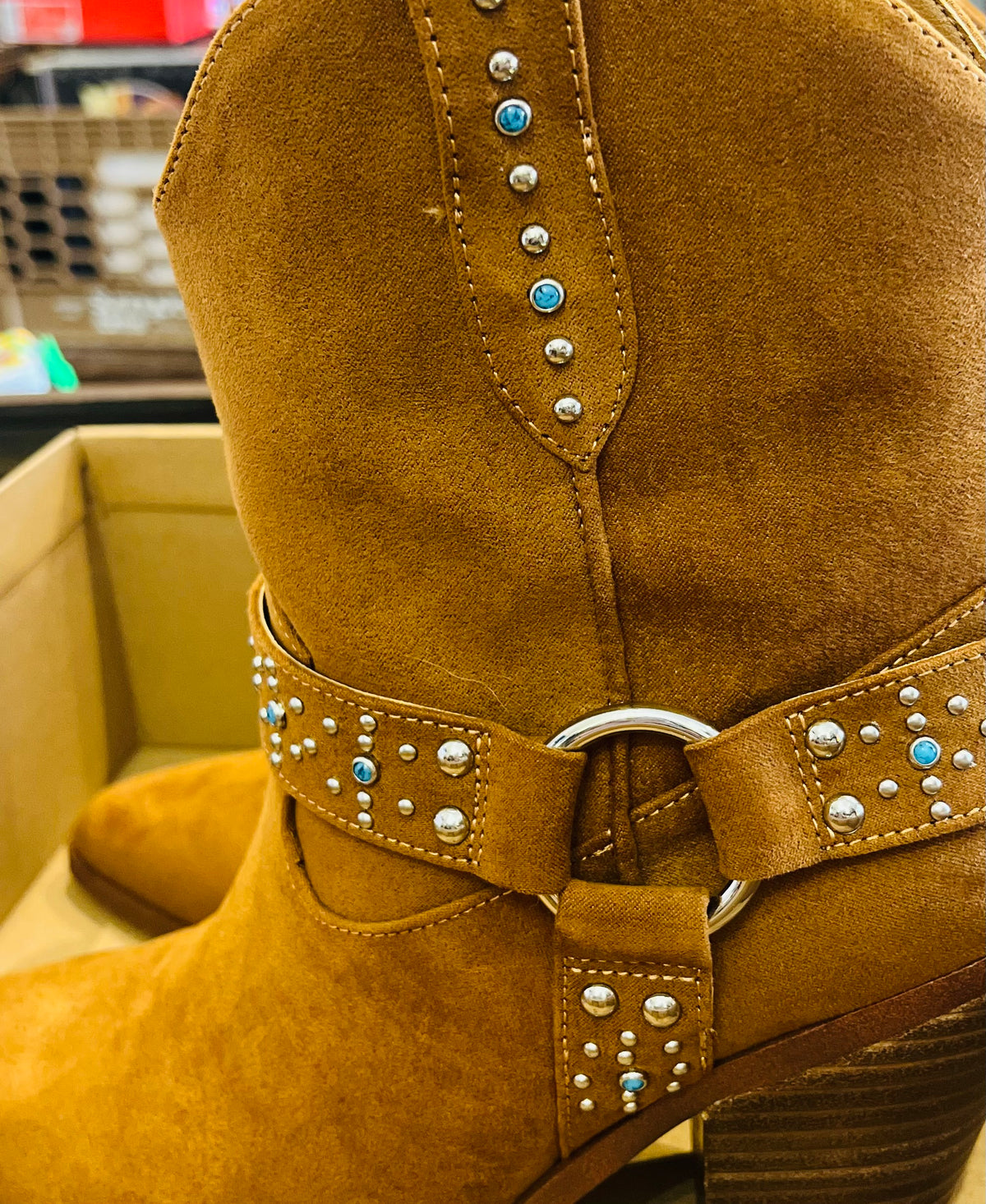 Jessica Simpson Koxia 2 Turquoise Stud Tan Western Pointed Toe Block Heel Boots sz 8M w Original Box