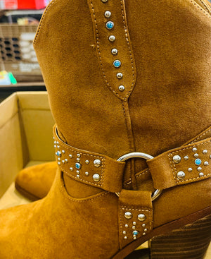 Jessica Simpson Koxia 2 Turquoise Stud Tan Western Pointed Toe Block Heel Boots sz 8M w Original Box