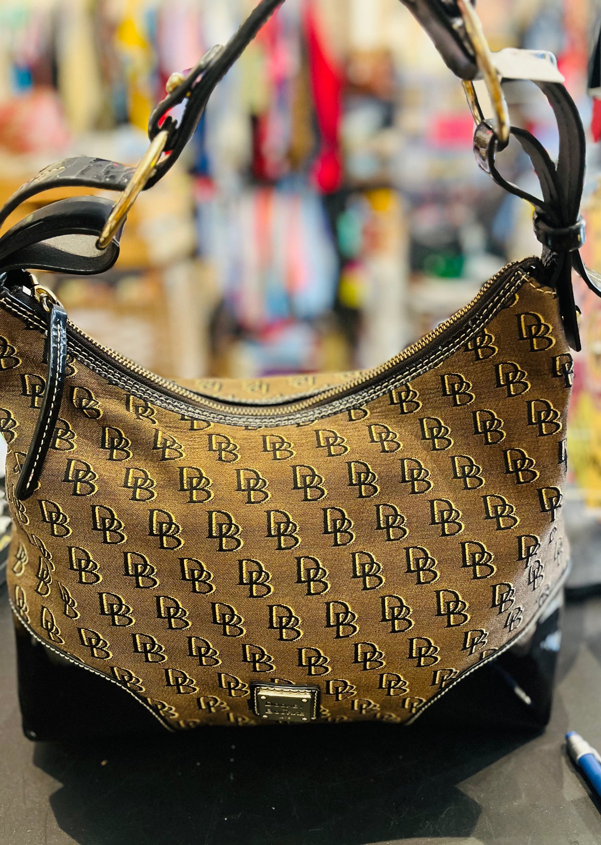 Authentic Dooney & Bourke Signature w Patent Detail Hobo Shoulder Bag - Brown