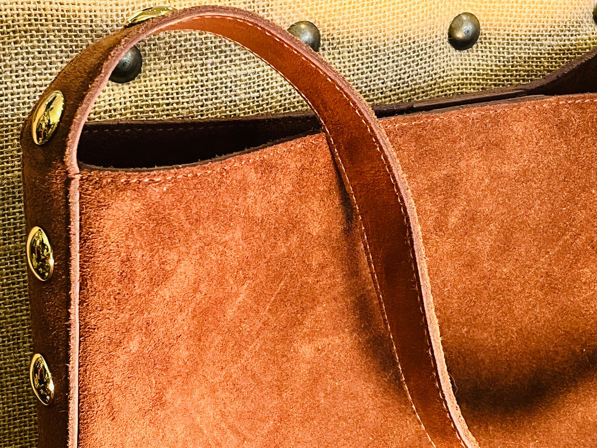 Madewell Suede Brown Bucket Bag Gold Grommets Large w Adjustable Strap