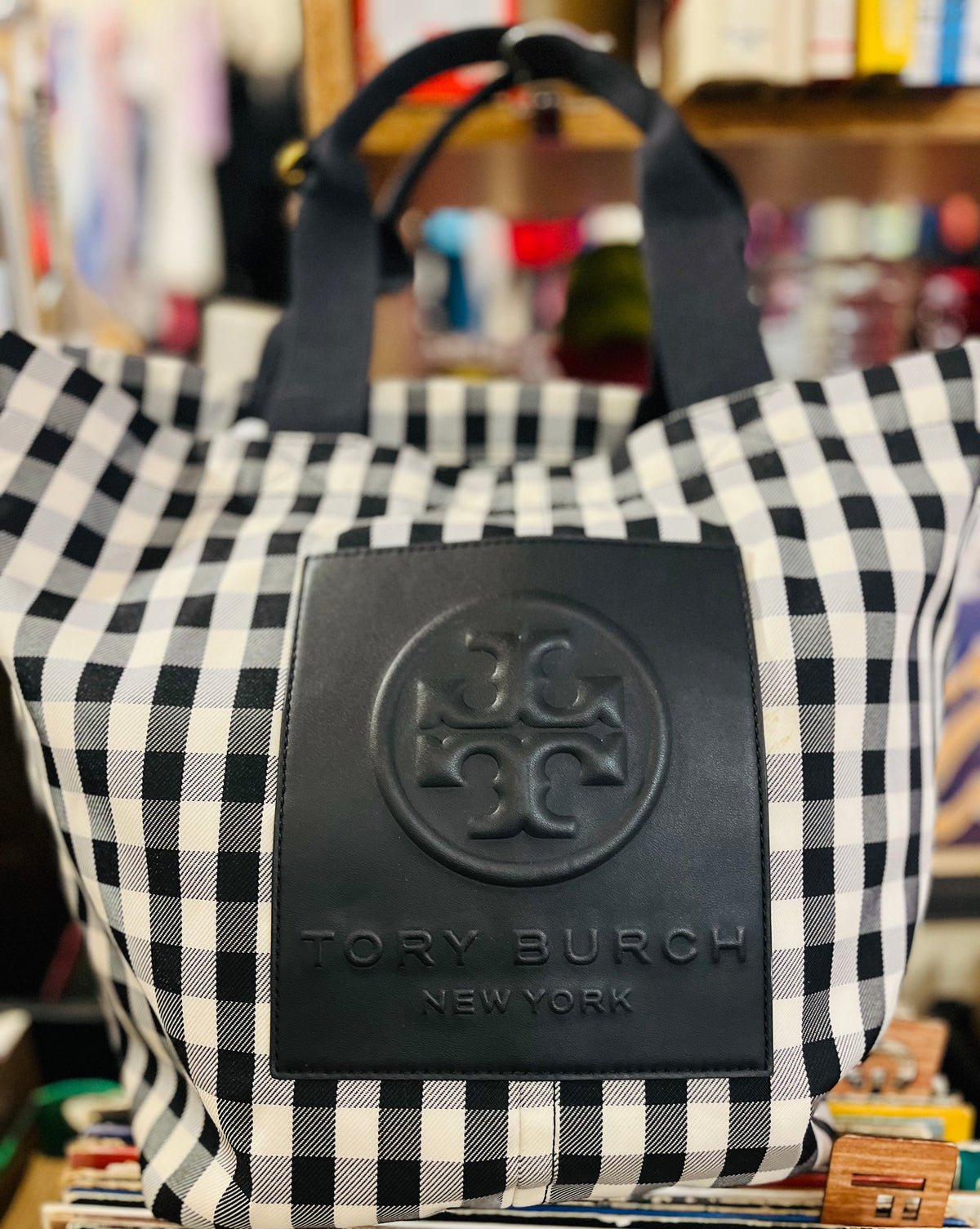 Tory Burch Black &amp; White Gingham Piper 12” Medium Tote BARELY Used!!