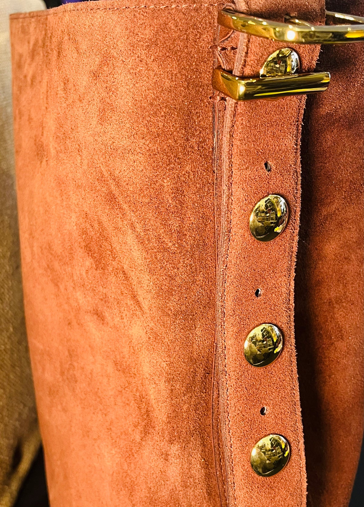 Madewell Suede Brown Bucket Bag Gold Grommets Large w Adjustable Strap