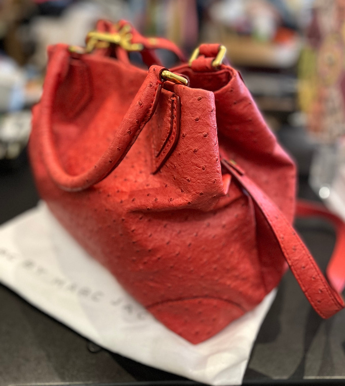 Marc Jacobs Red Strawberry Ostrich Medium Top Handle Crossbody Bag w Dust Bag!