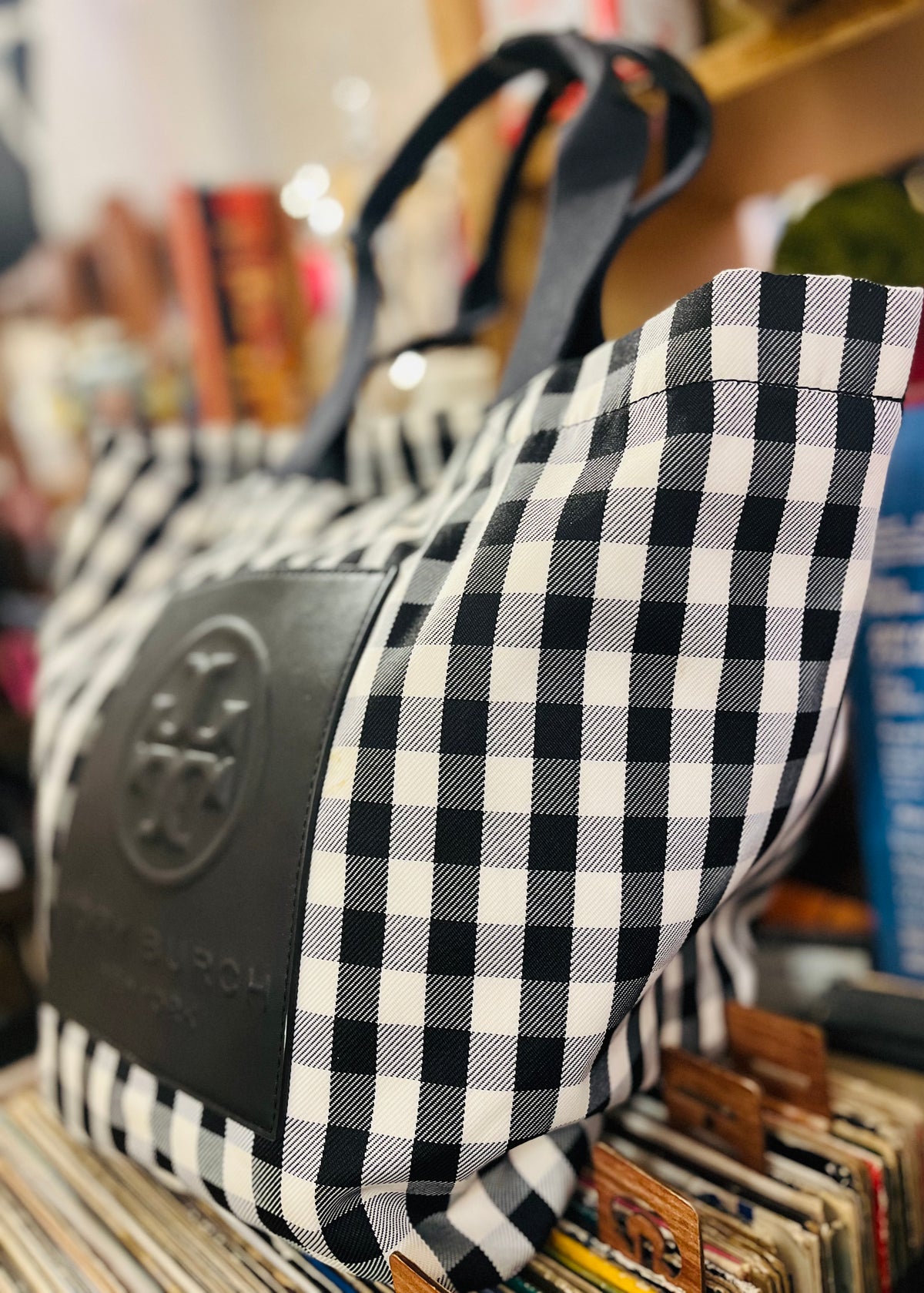 Tory Burch Black &amp; White Gingham Piper 12” Medium Tote BARELY Used!!