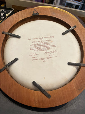 Vtg Precious Moments Let Heaven and Nature Sing Plate on Circular Wood 11” Hanging Frame Gold Edge (8” opening)