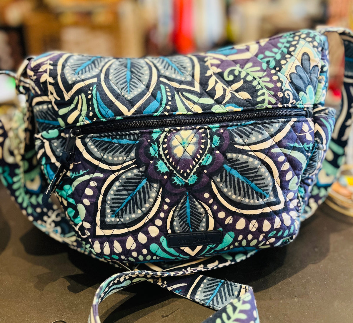 Vera Bradley Blue Floral Small Medium Side Pockets Crossbody Gently Used Bag 11” W x 8” H