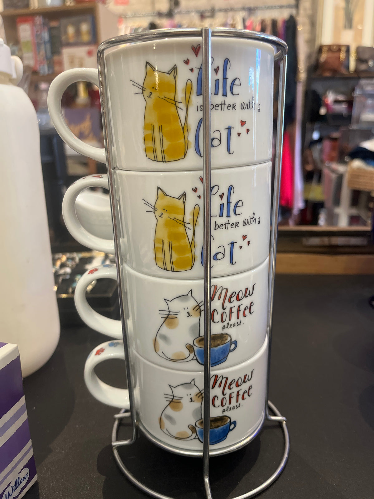 Cat Stackable 4 Mug in Holder Life Is Better…
