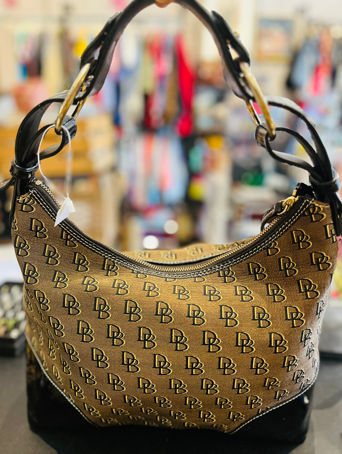 Authentic Dooney & Bourke Signature w Patent Detail Hobo Shoulder Bag - Brown