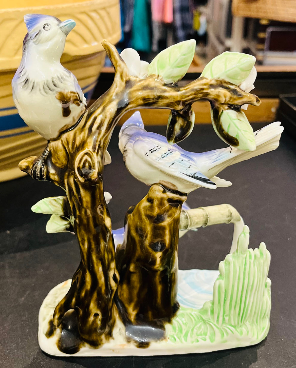 Japanese Blue Jays on Branches w Flowers 6.5”Hx5”W No Damage