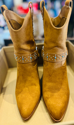 Jessica Simpson Koxia 2 Turquoise Stud Tan Western Pointed Toe Block Heel Boots sz 8M w Original Box
