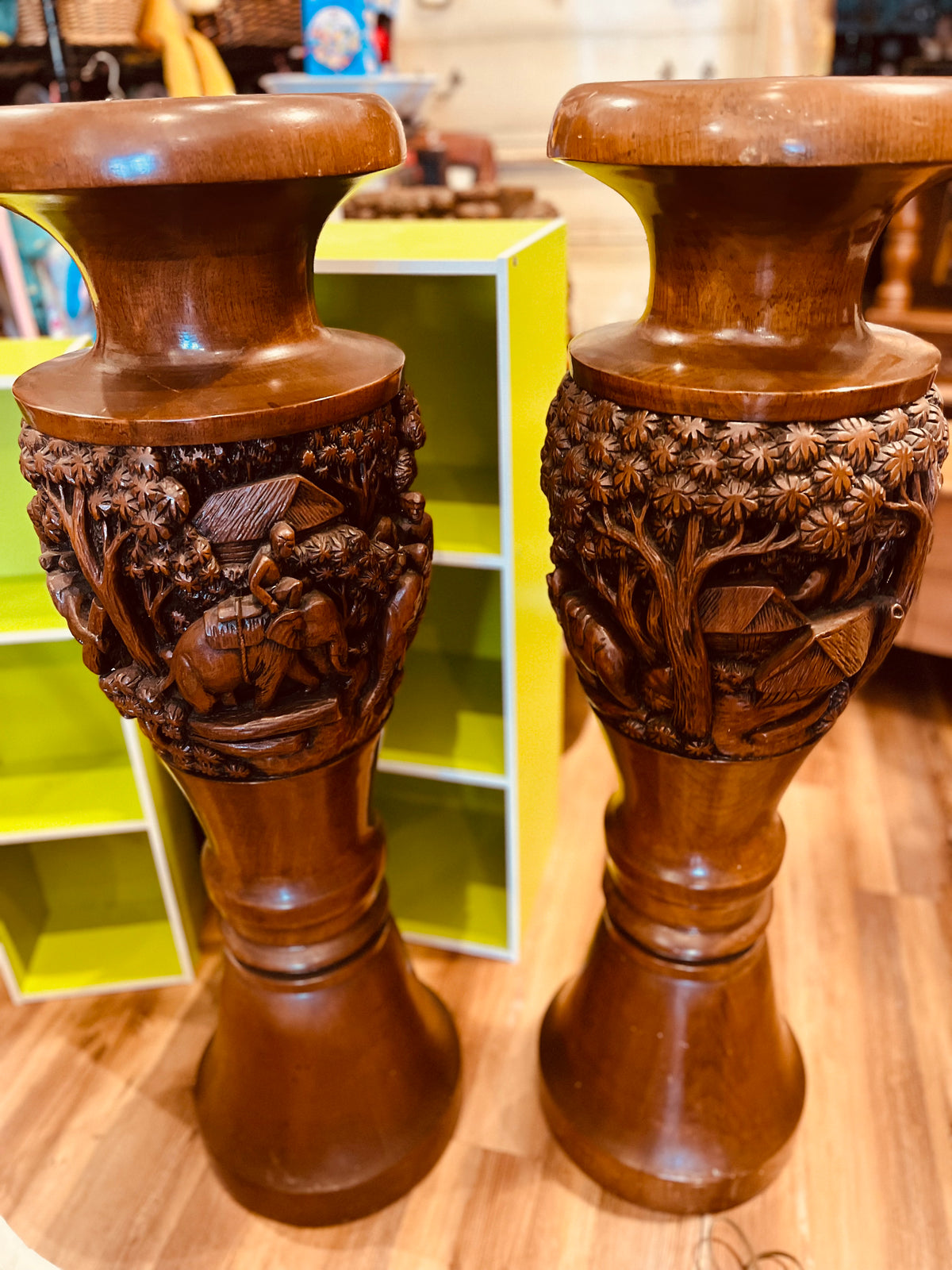 Teak Wood Carved 40”H x 12”w Vase Decorative Piece